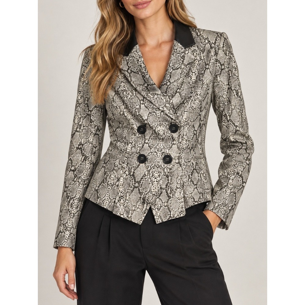 SPY Snakeskin Print Double Breasted Blazer Grey Faux Leather Collar Size 3